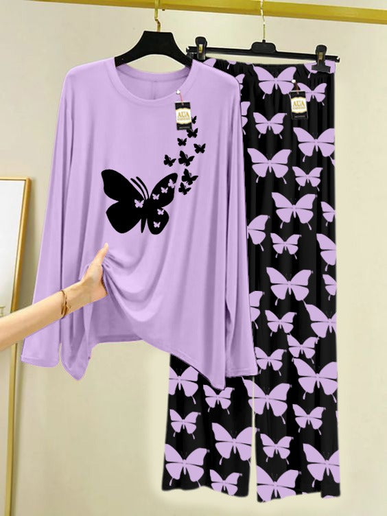 PURPLE Flying Butterfly Heart Printed Nightwear Set With Black Butterfly Printed Trousers – Women's Lounge Wear (007)