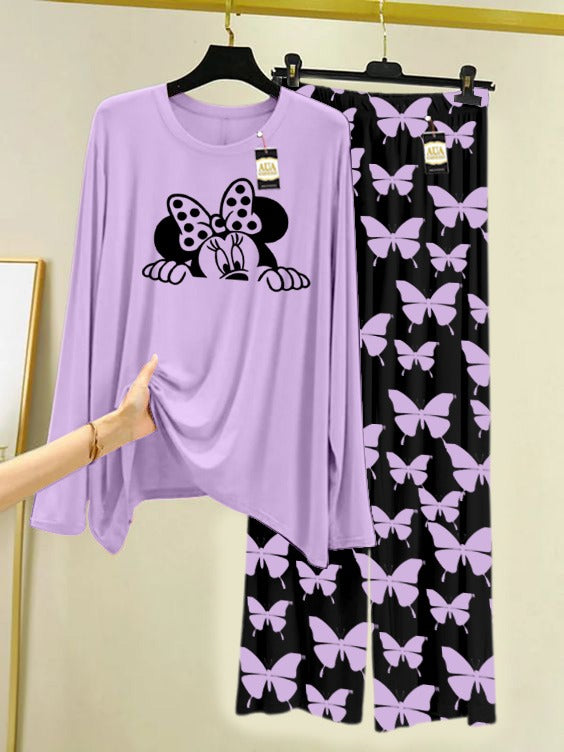 PURPLE Mickey Face  Printed Nightwear Set With Black Butterfly Printed Trousers – Women's Lounge Wear (007)