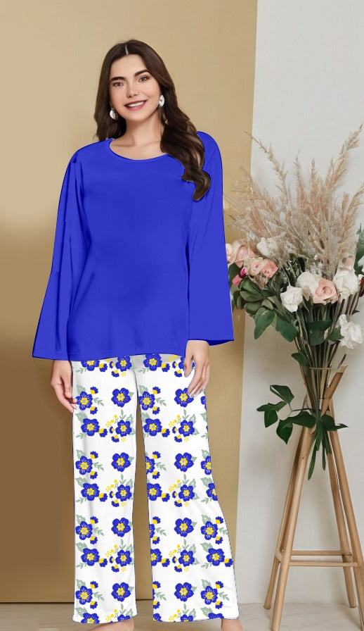 Plain NAVY BLUE Nightwear Set with Flower Printed Trousers – Women's Lounge Wear (005)