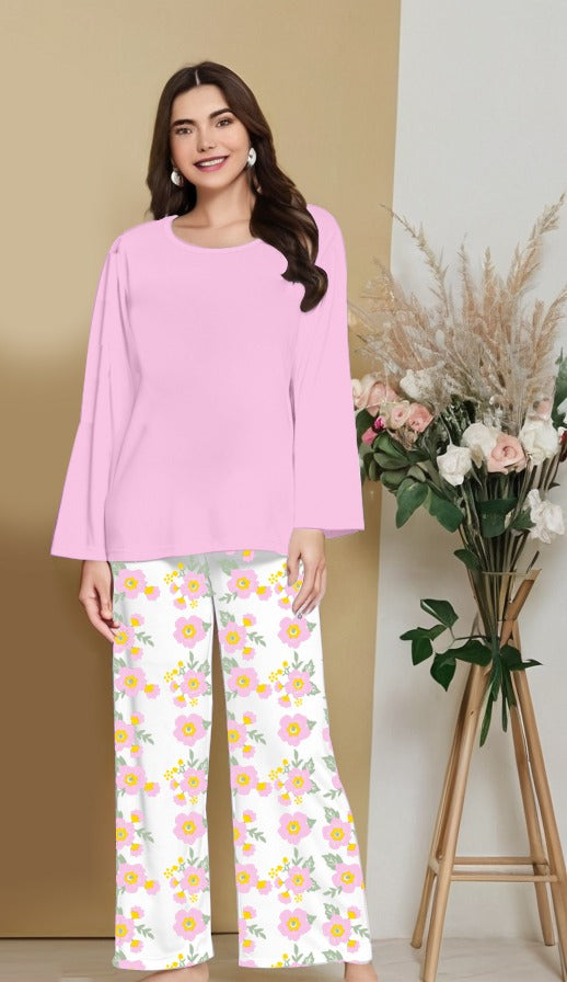 Plain BABY PINK  Nightwear Set with Flower Printed Trousers – Women's Lounge Wear (005)