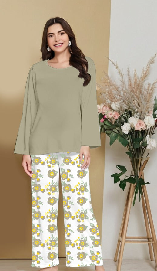 Plain CREAM Nightwear Set with Flower Printed Trousers – Women's Lounge Wear (005)