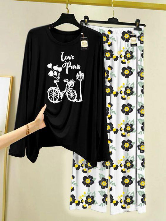 BLACK CYCLE Printed Nightwear Set with Flower Printed Trousers – Women's Lounge Wear (005)