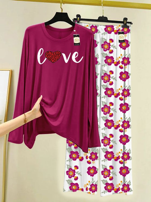 Maroon Love Printed Nightwear Set with Flower Printed Trousers – Women's Lounge Wear (005)
