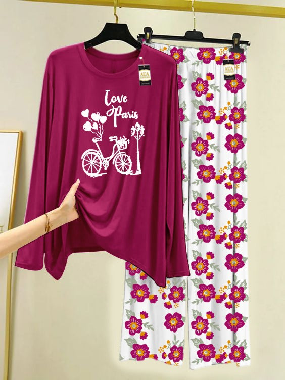 Maroon Love Paris Printed Nightwear Set with Flower Printed Trousers – Women's Lounge Wear (005)