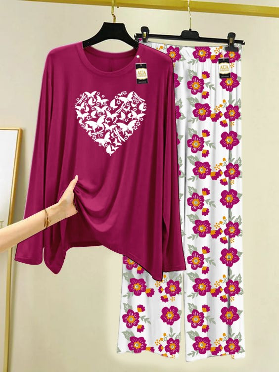 Maroon Trendy Heart Printed Nightwear Set with Flower Printed Trousers – Women's Lounge Wear (005)