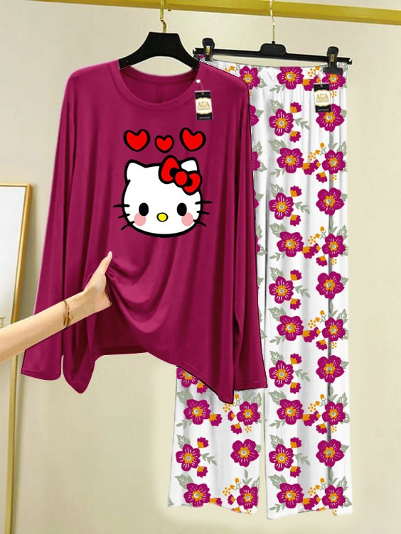 Maroon Hello Kitty Printed Nightwear Set with Flower Printed Trousers – Women's Lounge Wear (005)