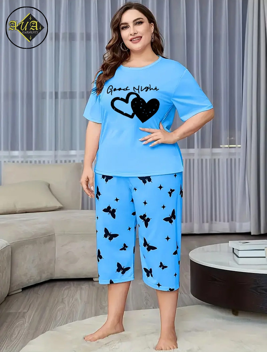 Sky blue Double heart Printed Half-Sleeved Vest For Leisure Home Wear Female Sleepwear Night Dress By Aua garments
