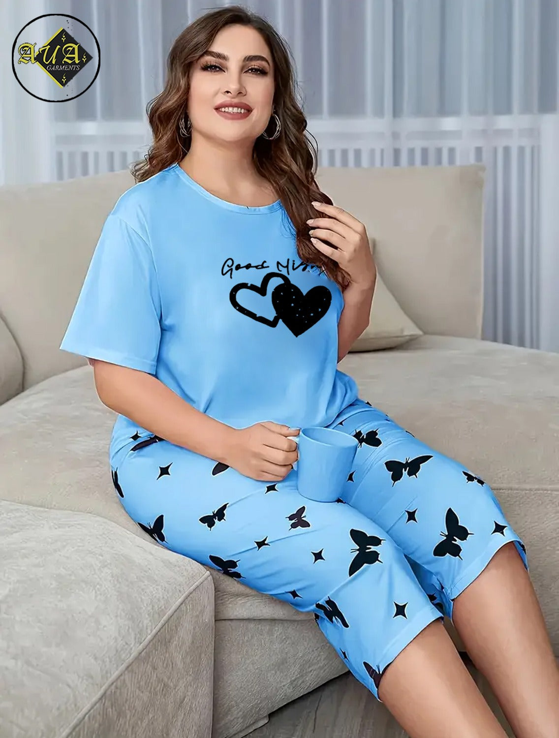Sky blue Double heart Printed Half-Sleeved Vest For Leisure Home Wear Female Sleepwear Night Dress By Aua garments