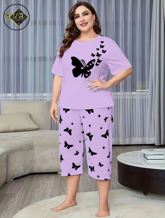 Puple Flying butterfly Printed Half-Sleeved Vest For Leisure Home Wear Female Sleepwear Night Dress By Aua garments