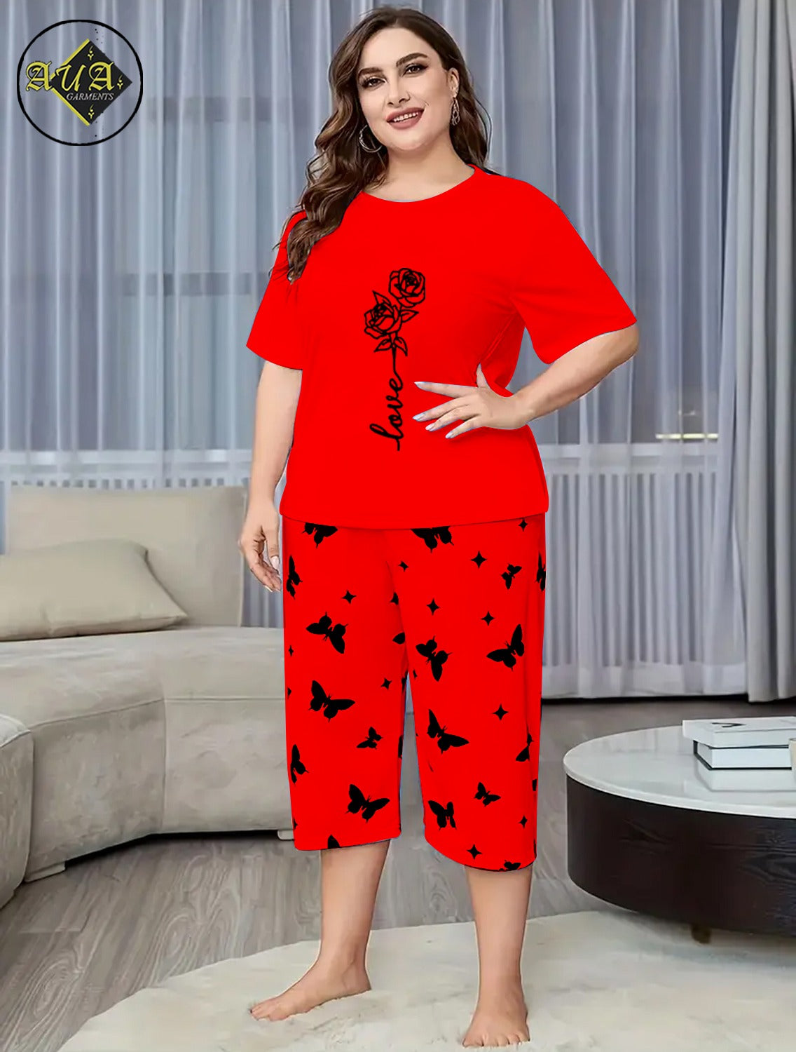 Red Rose Love Printed Half-Sleeved Vest For Leisure Home Wear Female Sleepwear Night Dress By Aua garments