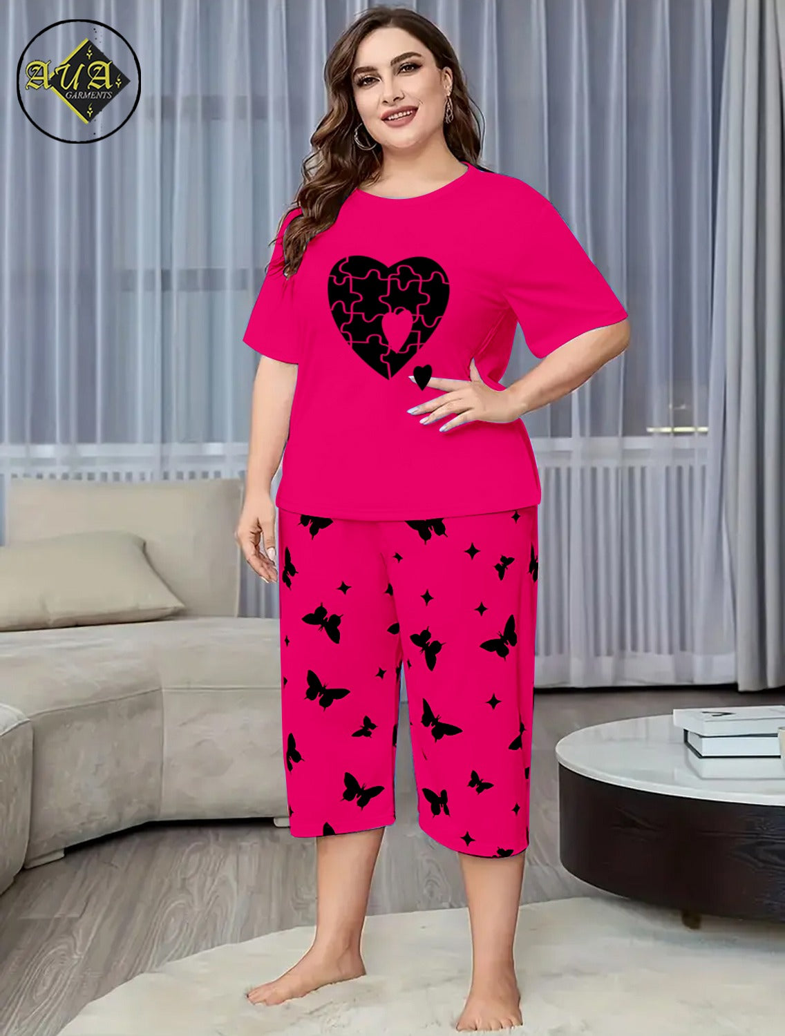Dark Pink Puzzel heart Printed Half-Sleeved Vest For Leisure Home Wear Female Sleepwear Night Dress By Aua garments
