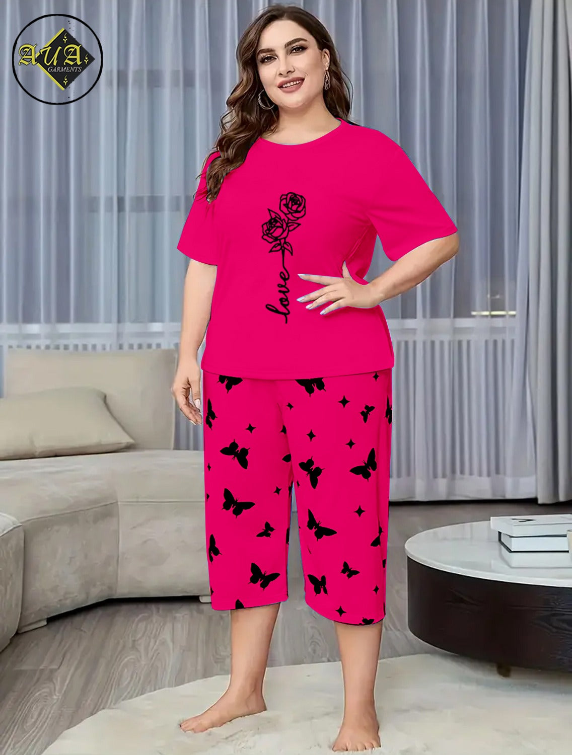 Dark Pink Rose Love Printed Half-Sleeved Vest For Leisure Home Wear Female Sleepwear Night Dress By Aua garments