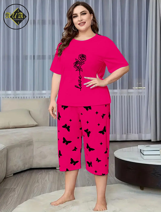 Dark Pink Rose Love Printed Half-Sleeved Vest For Leisure Home Wear Female Sleepwear Night Dress By Aua garments