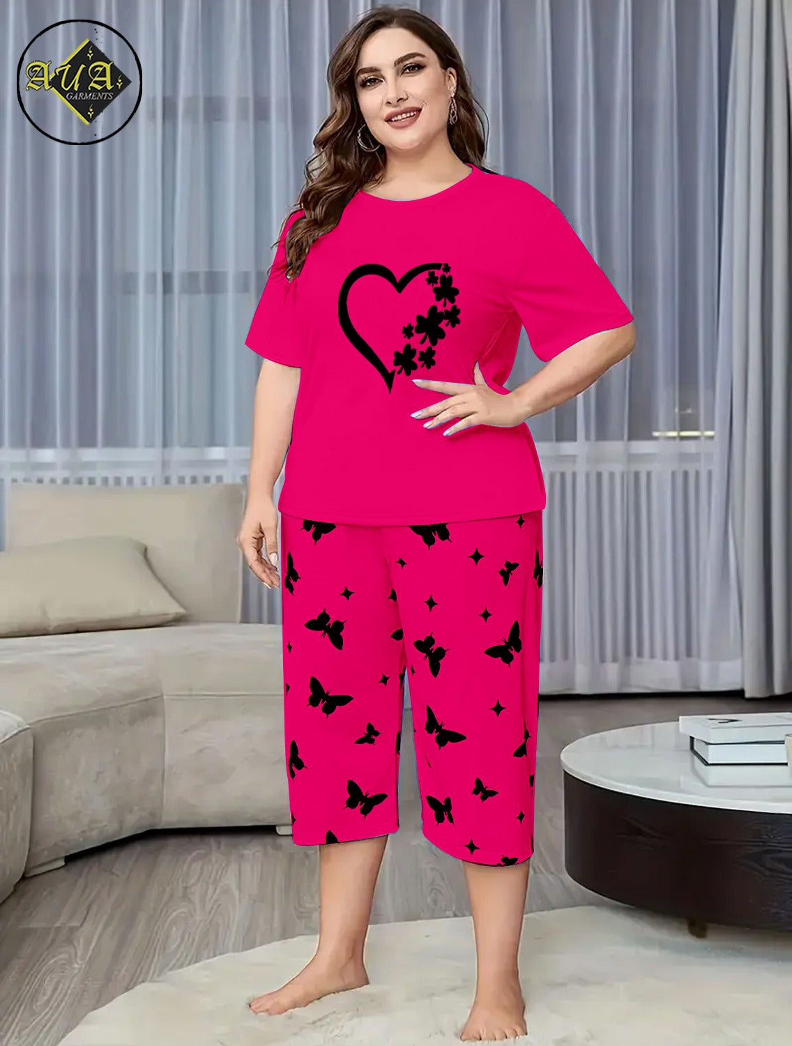 Dark Pink Women heart Printed Half-Sleeved Vest For Leisure Home Wear Female Sleepwear Night Dress By Aua garments