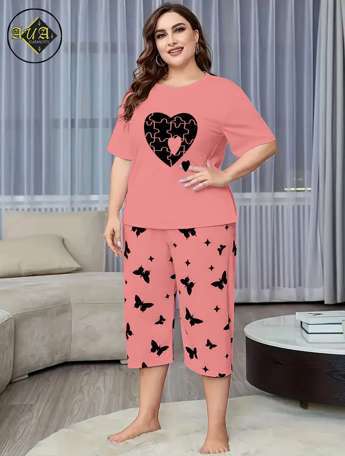 Peach Puzzel Heart Printed Half-Sleeved Vest For Leisure Home Wear Female Sleepwear Night Dress By Aua garments