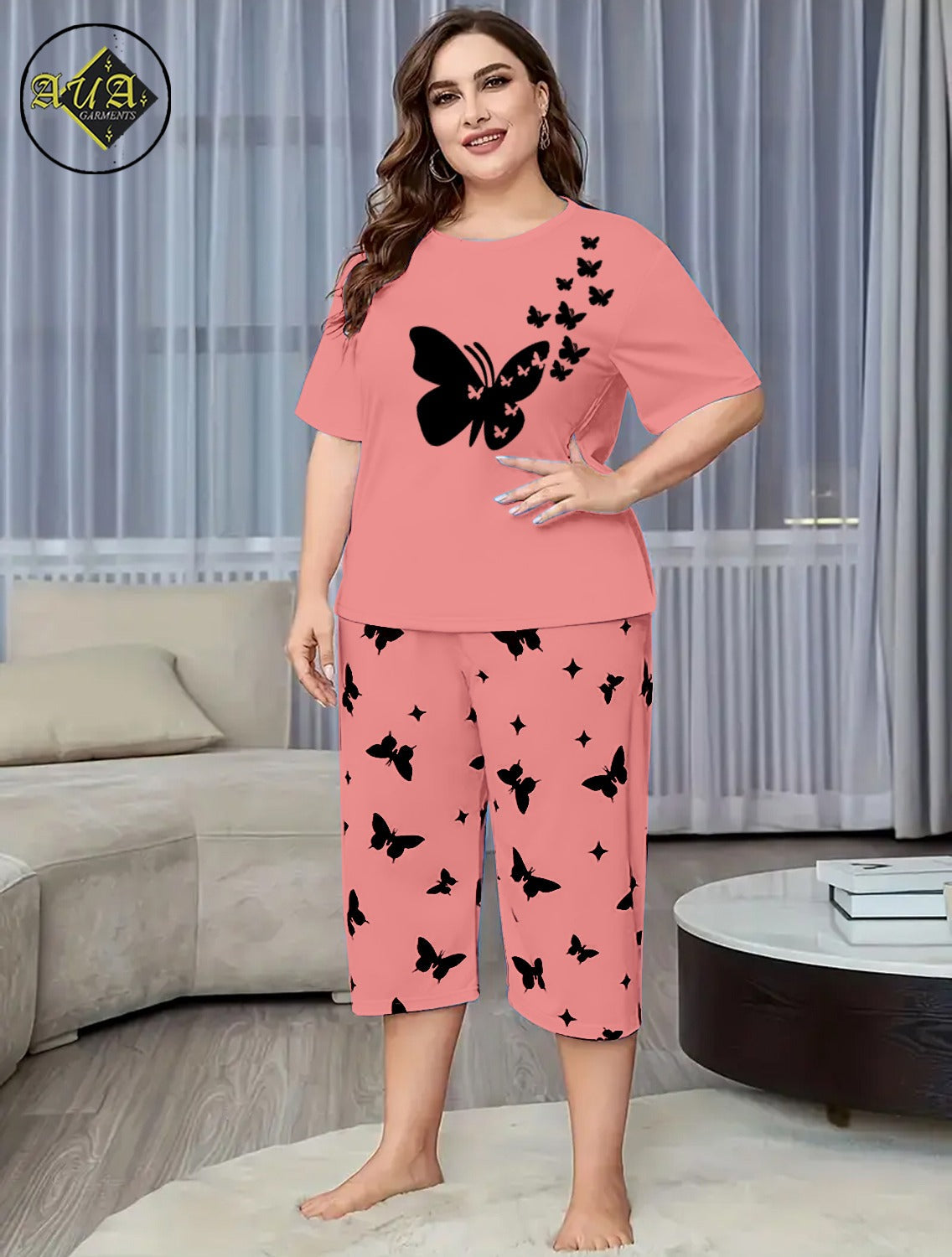 Peach Flying Butterfly Printed Half-Sleeved Vest For Leisure Home Wear Female Sleepwear Night Dress By Aua garments