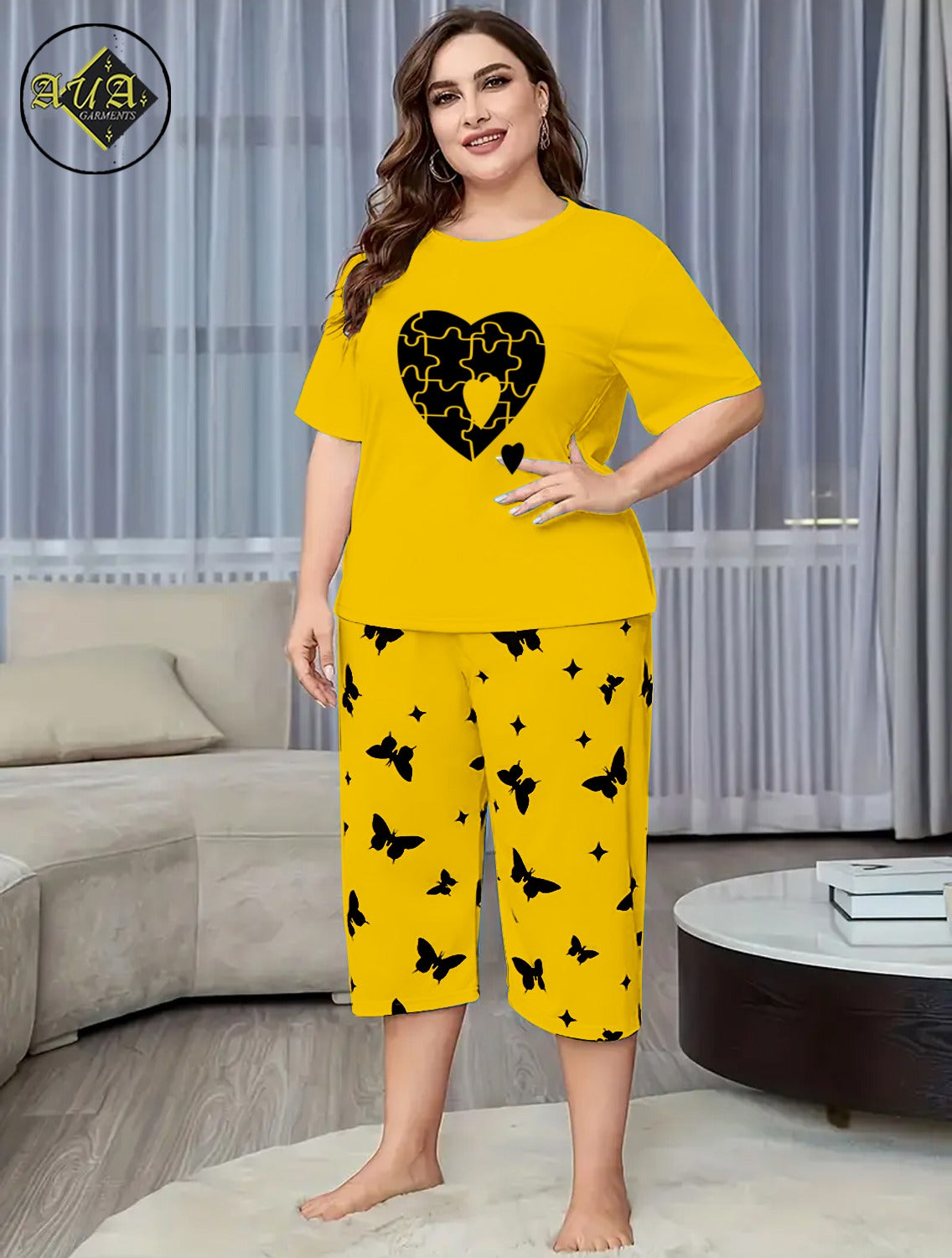 Yellow Puzzel Heart Printed Half-Sleeved Vest For Leisure Home Wear Female Sleepwear Night Dress By Aua garments