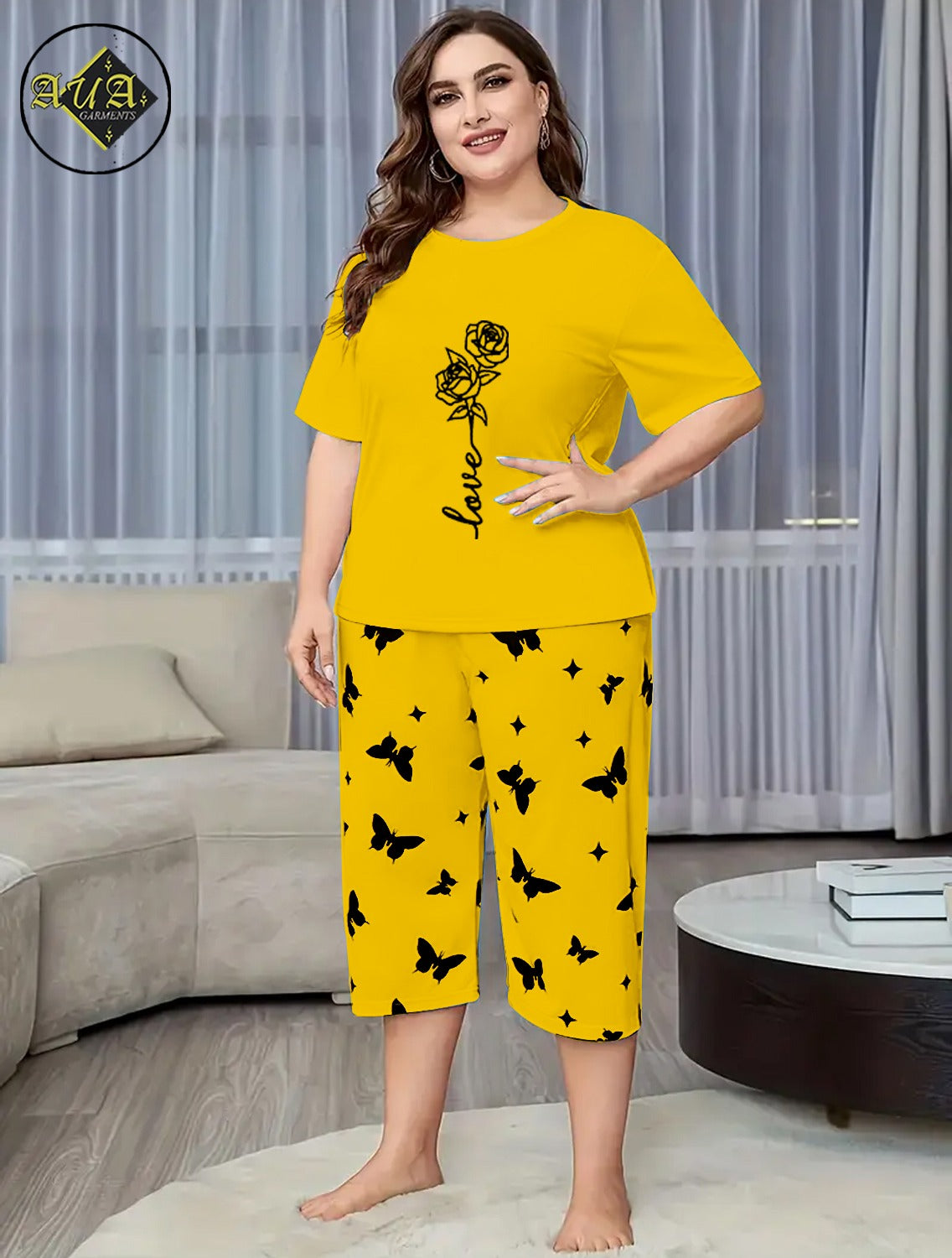 Yellow Rose Love Printed Half-Sleeved Vest For Leisure Home Wear Female Sleepwear Night Dress By Aua garments