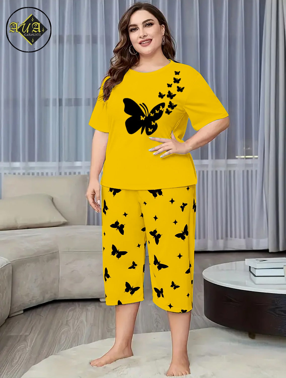 Yellow Flying Buttefly Printed Half-Sleeved Vest For Leisure Home Wear Female Sleepwear Night Dress By Aua garments