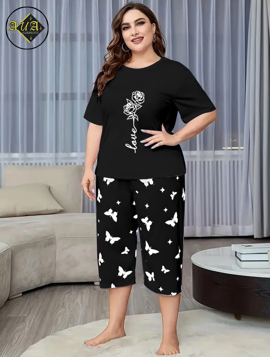 Black Rose Love Printed Half-Sleeved Vest For Leisure Home Wear Female Sleepwear Night Dress By Aua garments