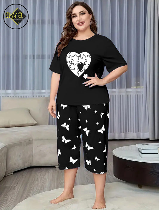 Black Puzzel Heart Printed Half-Sleeved Vest For Leisure Home Wear Female Sleepwear Night Dress By Aua garments
