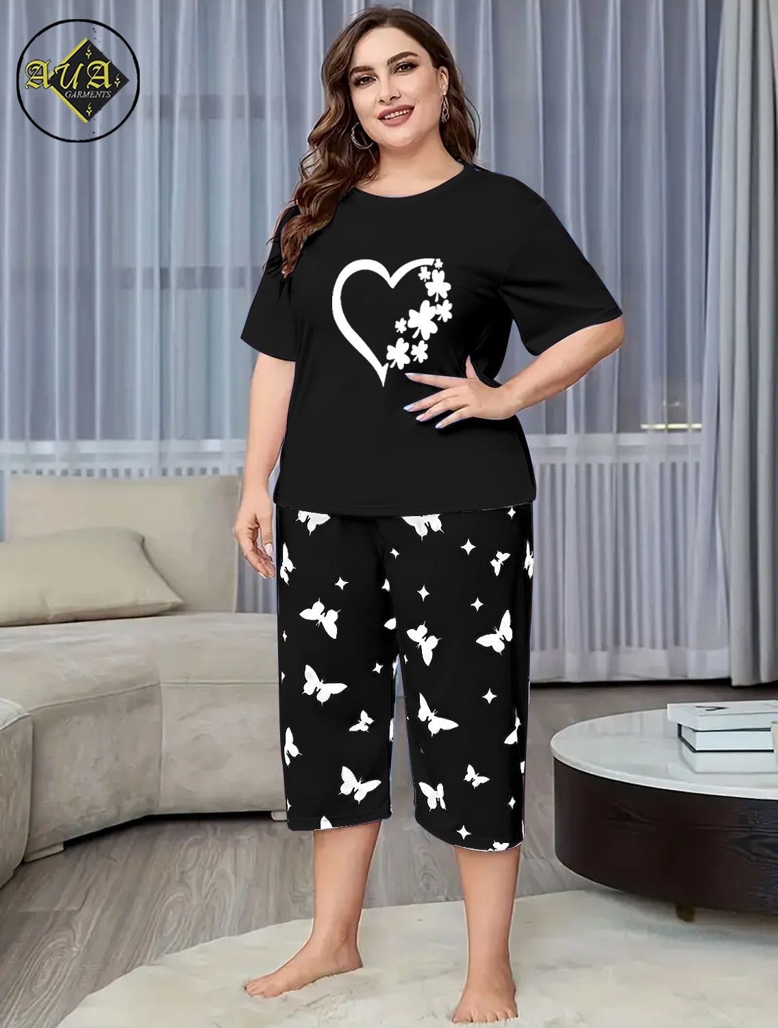 Black Women Heart Printed Half-Sleeved Vest For Leisure Home Wear Female Sleepwear Night Dress By Aua garments