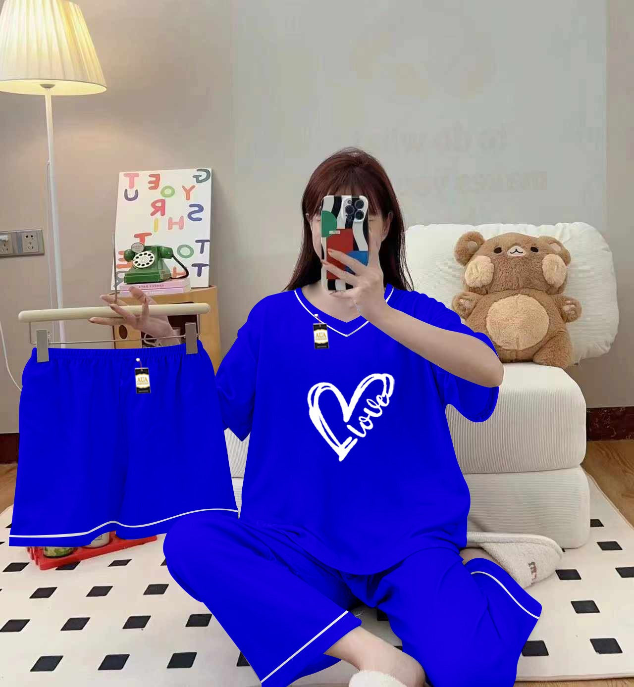 3-Piece Cami Nightwear Set for Women with Elegant White Borders Sky Blue  Love Heart