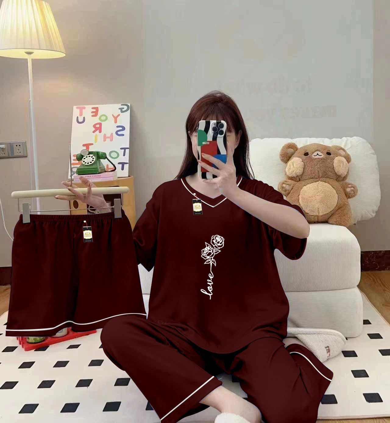 3-Piece Cami Nightwear Set for Women with Elegant White Borders Maroon Rose  Love