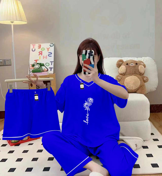 3-Piece Cami Nightwear Set for Women with Elegant White Borders Sky Blue Rose Love