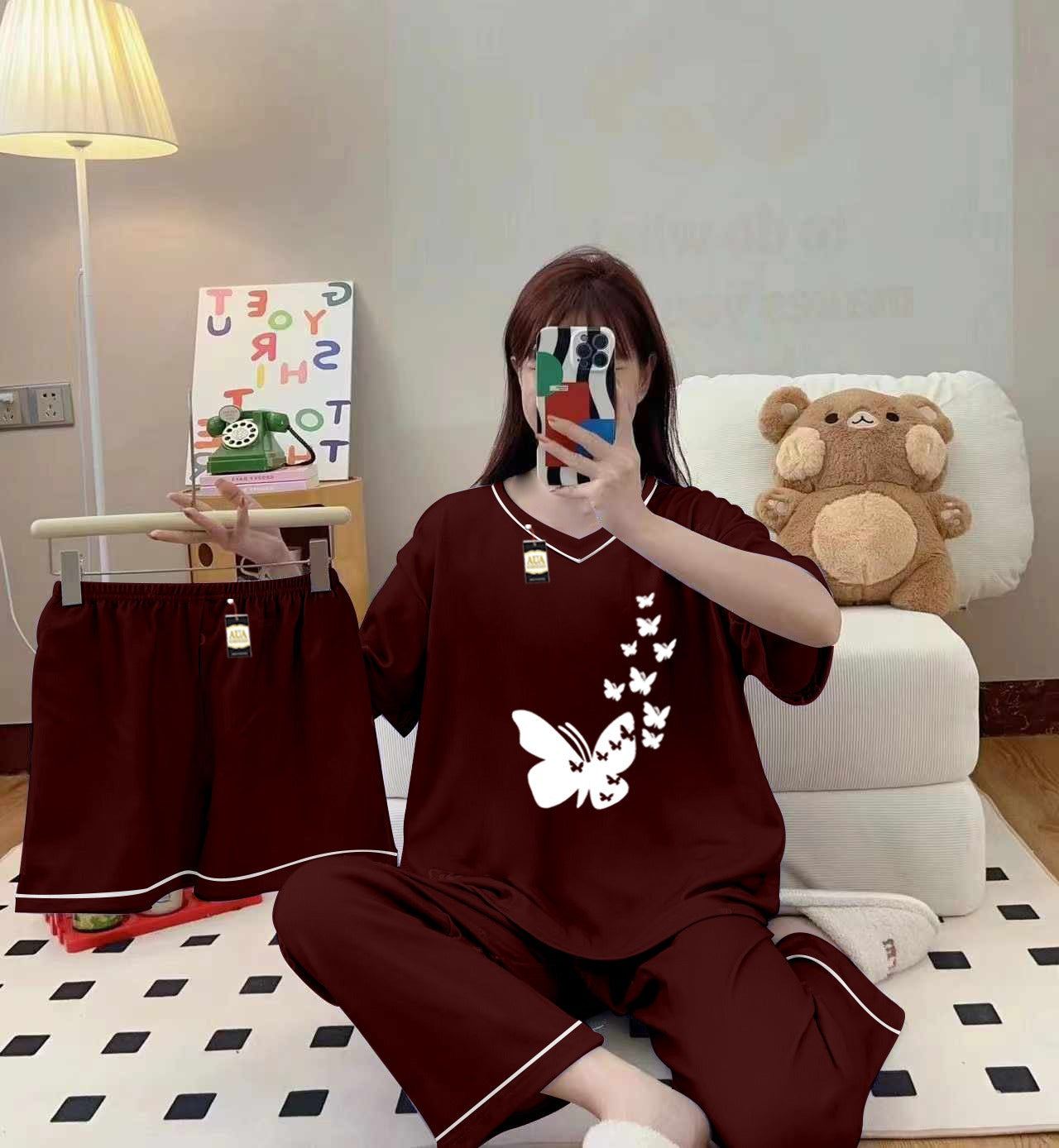 3-Piece Cami Nightwear Set for Women with Elegant White Borders Maroon Flying Butterfly