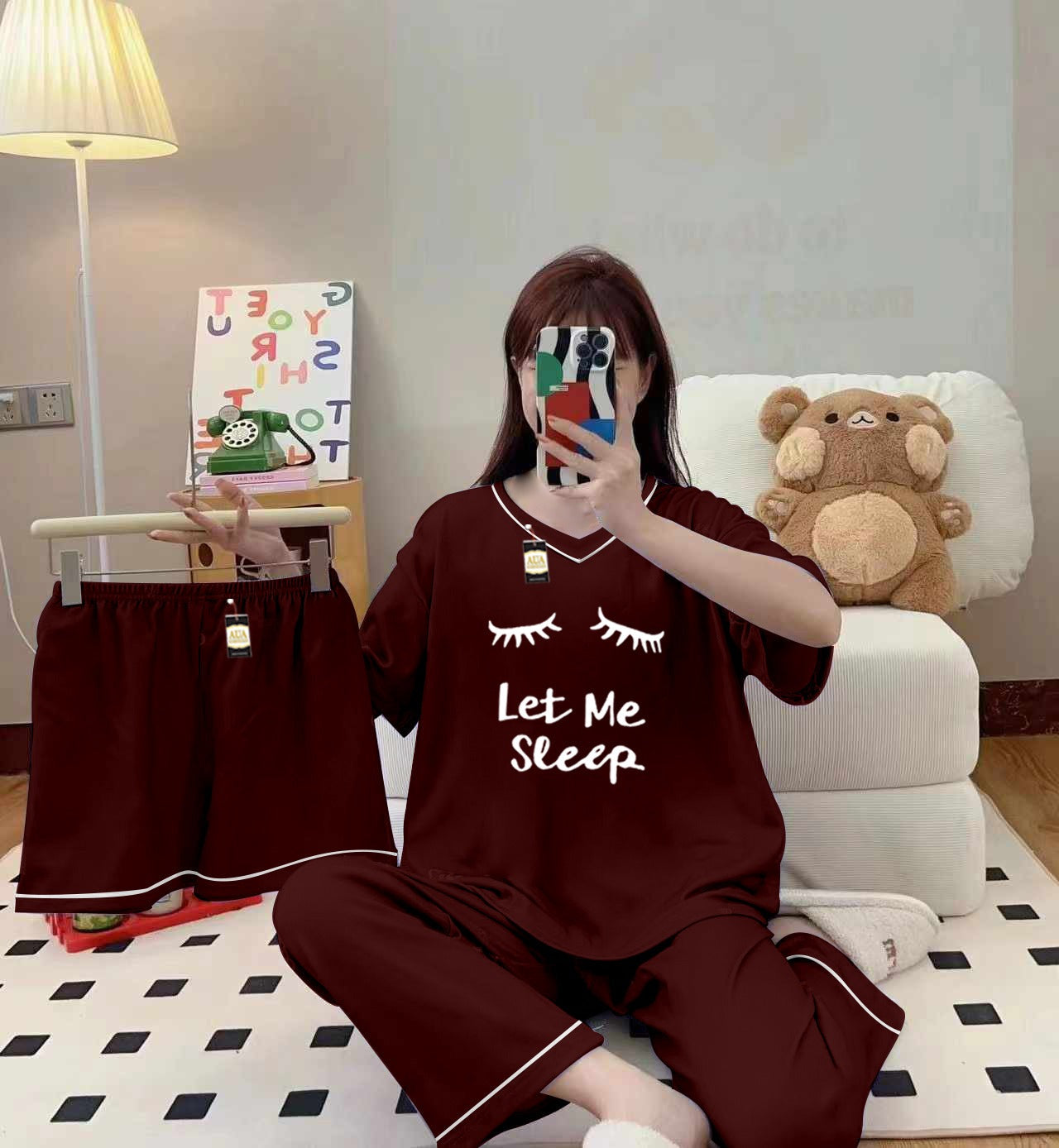 3-Piece Cami Nightwear Set for Women with Elegant White Borders Maroon Let Me Sleep