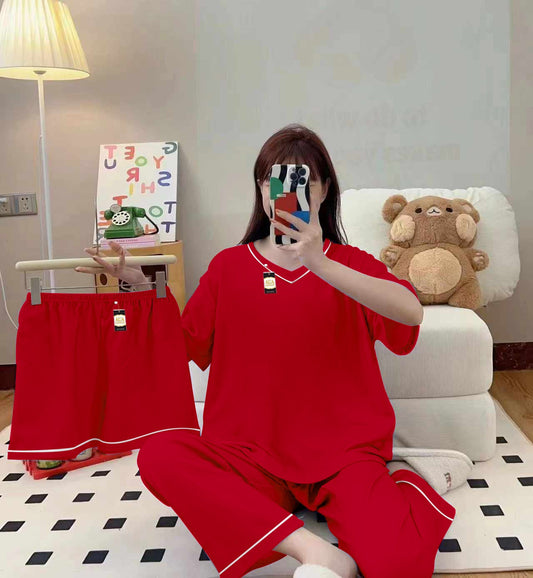 Plan Red  3-Piece Cami Nightwear Set for Women with Elegant White Borders