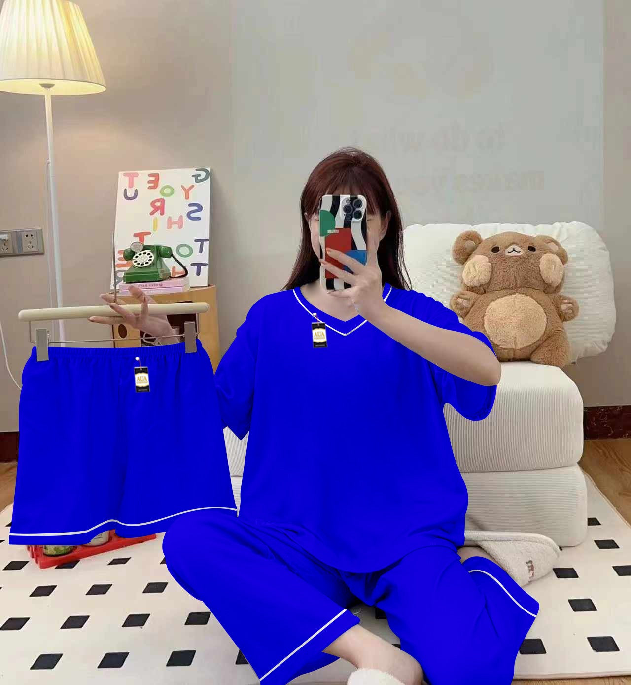 Plain Sky Blue 3-Piece Cami Nightwear Set for Women with Elegant White Borders