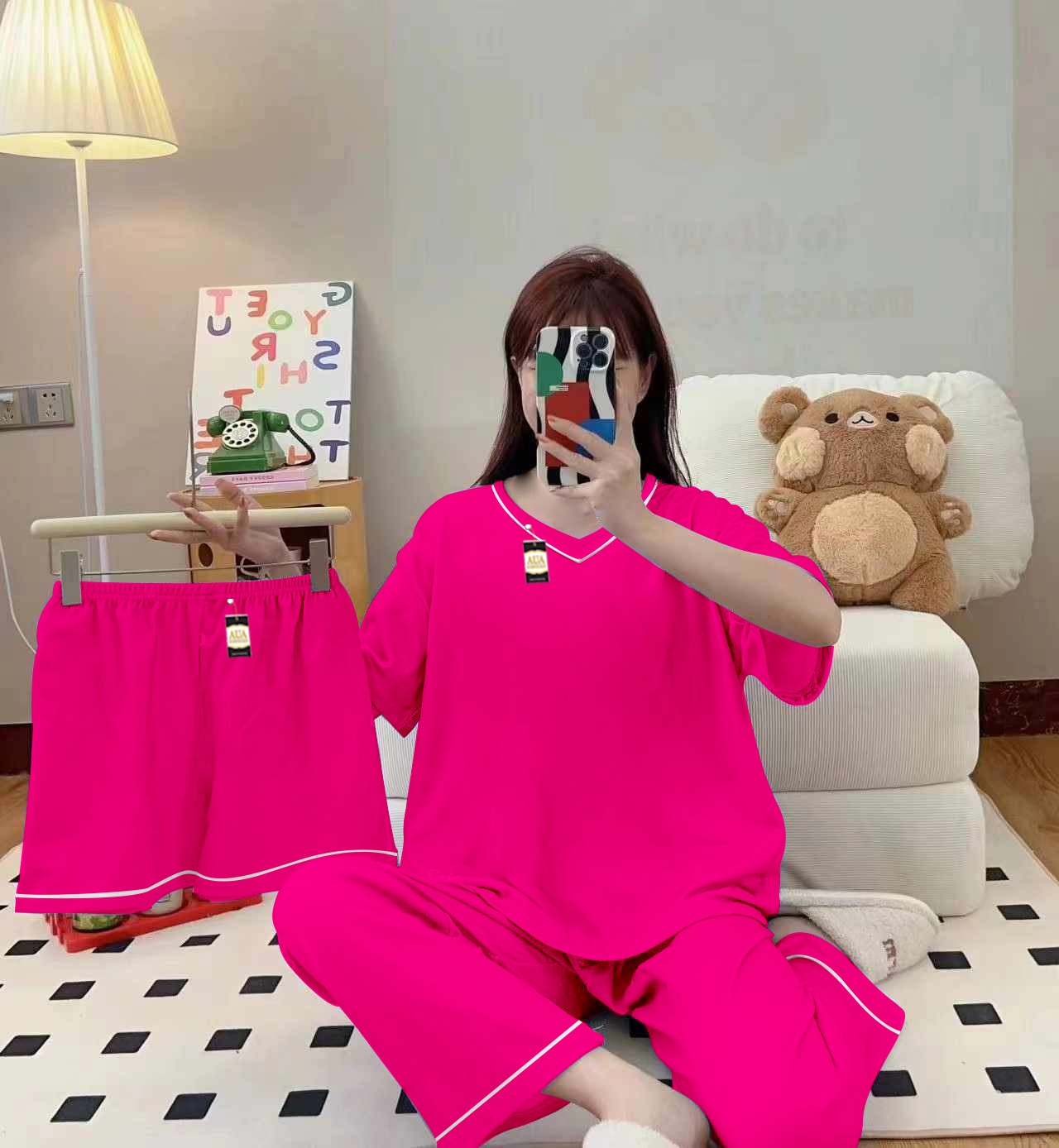 Plain Pink  3-Piece Cami Nightwear Set for Women with Elegant White Borders