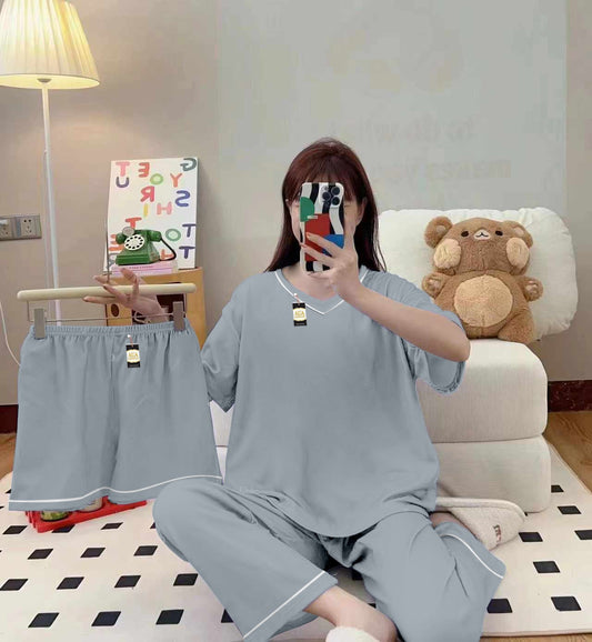 Plain Grey 3-Piece Cami Nightwear Set for Women with Elegant White Borders