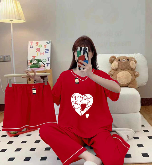 3-Piece Cami Nightwear Set for Women with Elegant White Borders Red Puzzel Heart