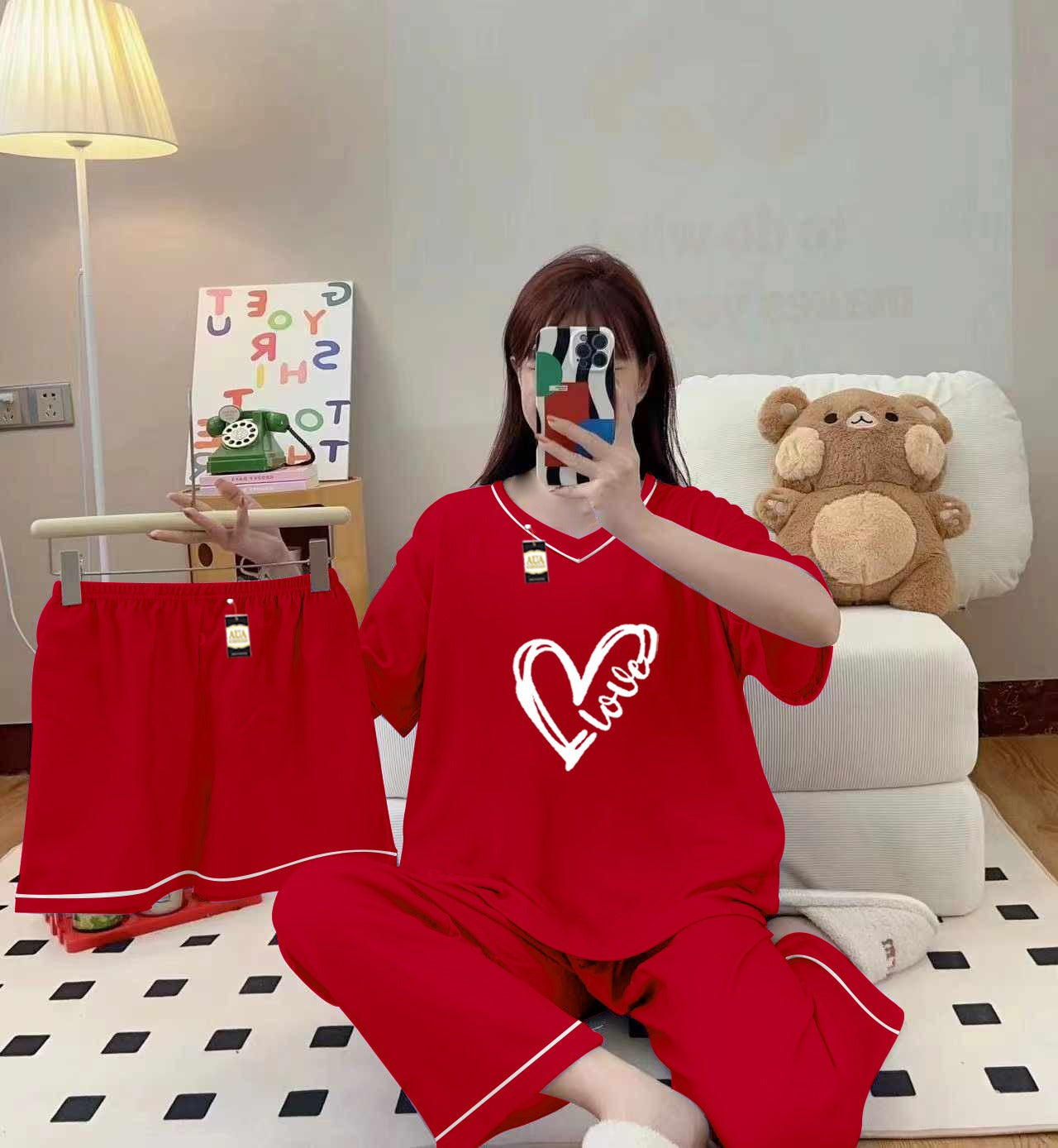 3-Piece Cami Nightwear Set for Women with Elegant White Borders Red Heart LOve