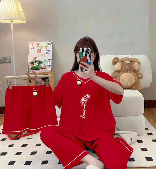 3-Piece Cami Nightwear Set for Women with Elegant White Borders Red Rose Love