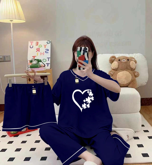 3-Piece Cami Nightwear Set for Women with Elegant White Borders Dark Blue Women Heart