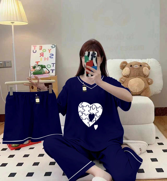 3-Piece Cami Nightwear Set for Women with Elegant White Borders Dark Blue Puzzel Heart