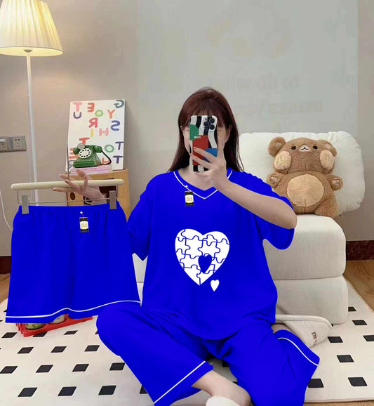 3-Piece Cami Nightwear Set for Women with Elegant White Borders Sky Blue Puzzel Heart