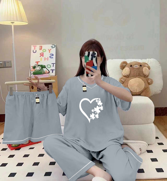 3-Piece Cami Nightwear Set for Women with Elegant White Borders Grey Women Heart