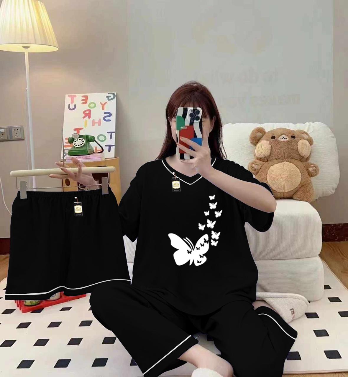 3-Piece Cami Nightwear Set for Women with Elegant White Borders BLACK FLYING BUTTERFLY