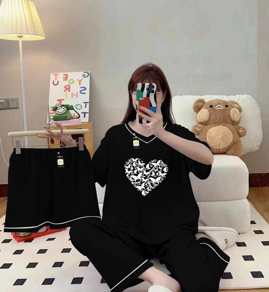 3-Piece Cami Nightwear Set for Women with Elegant White Borders BLACK BUTTERFLY HEART