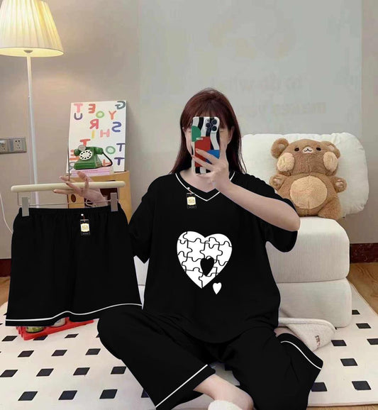 3-Piece Cami Nightwear Set for Women with Elegant White Borders BLACK PUZZEL  Heart