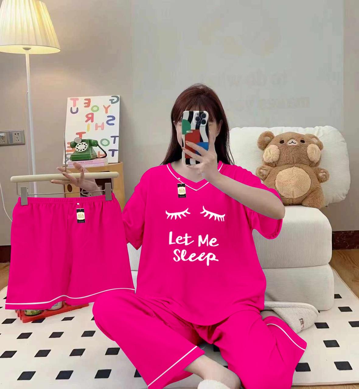 3-Piece Cami Nightwear Set for Women with Elegant White Borders PINK LET ME SLEEP