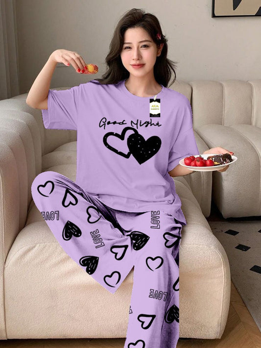 Purple Good Night Heart Printed Nightwear Set With Love Heart  Printed Trousers – Women's Lounge Wear (011)