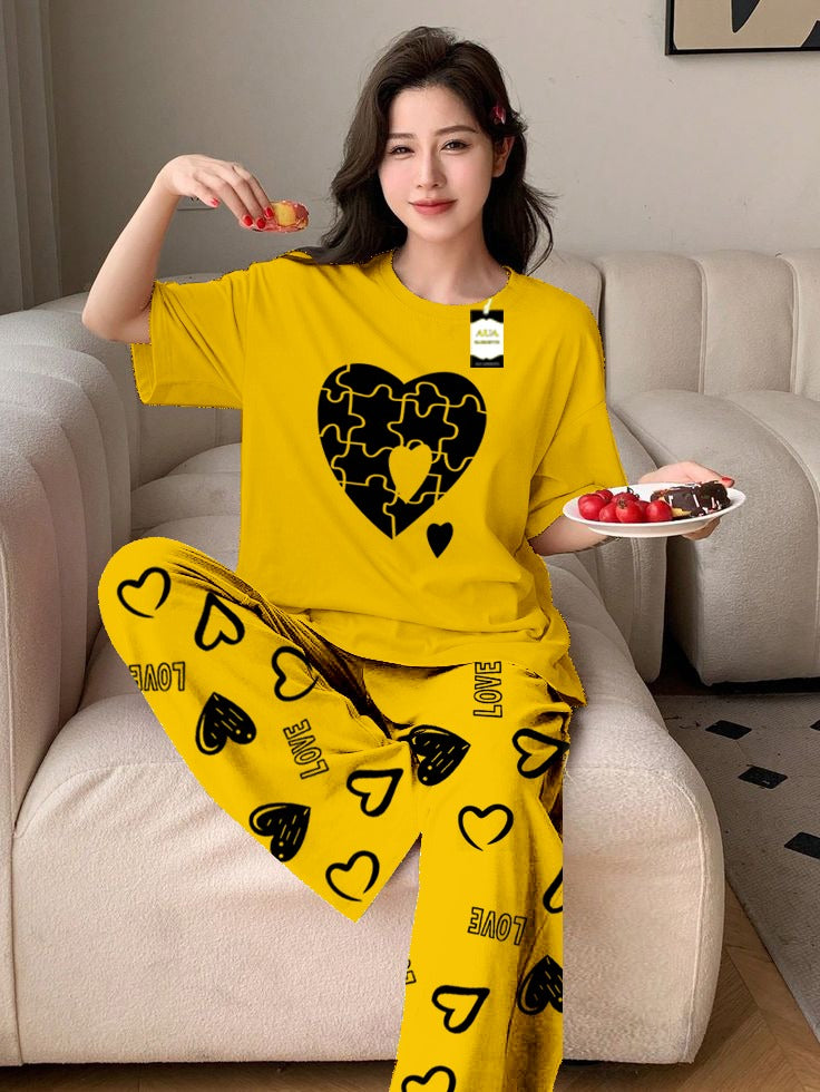 Yellow Puzzel Heart Printed Nightwear Set With Love Heart Printed Trousers – Women's Lounge Wear (011)