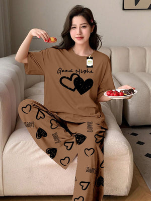 Beige good Night Printed Nightwear Set With Love Heart Printed Trousers – Women's Lounge Wear (011)