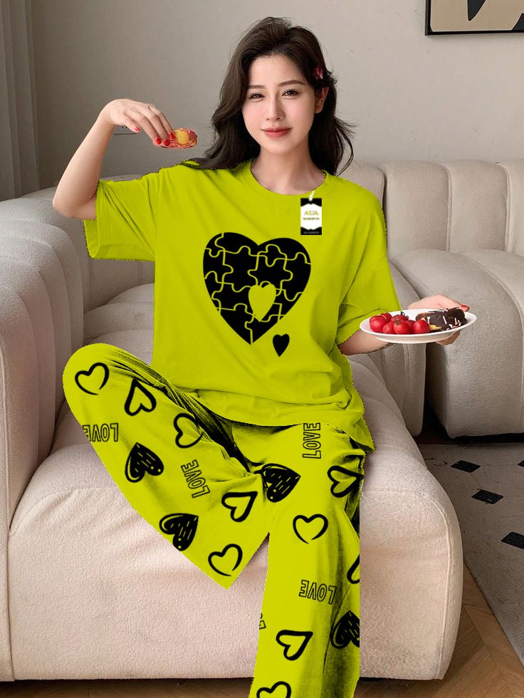 Green Puzzel Heart Printed Nightwear Set With Love Heart Printed Trousers – Women's Lounge Wear (011)